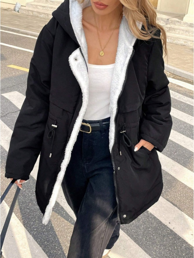 Drawstring Waist Hooded Plush Lined Parka Coat - D&A