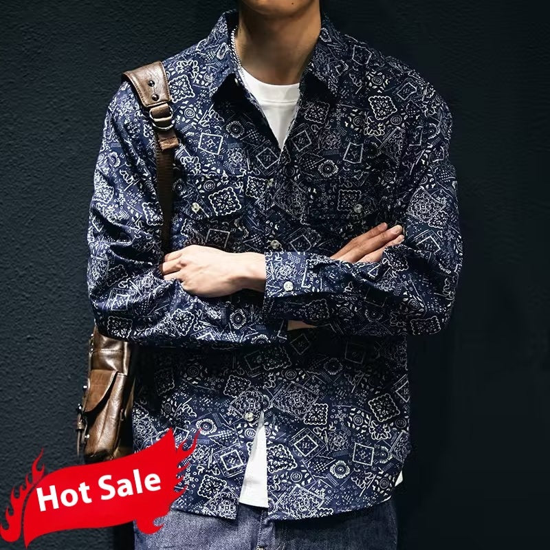 Social Style Denim Printing Men's Lapel Casual Shirt - D&A