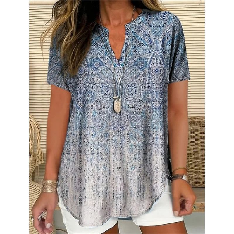 3D Printed Women's Spring And Summer Loose V-neck Short Sleeve Top - D&A