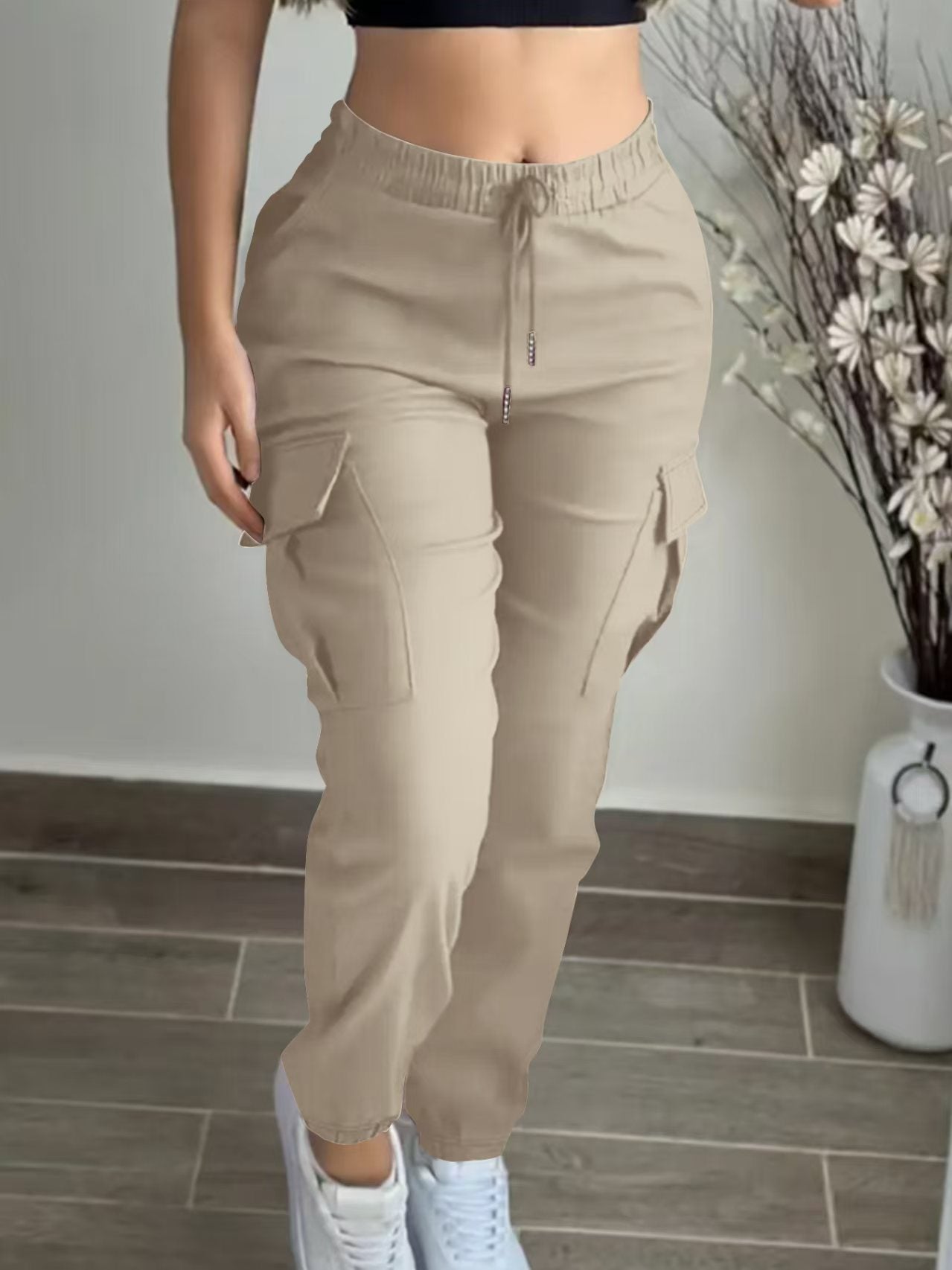 Mountaineering Fashion Drawstring Women's Leisure Cargo Trousers Apricot - D&A