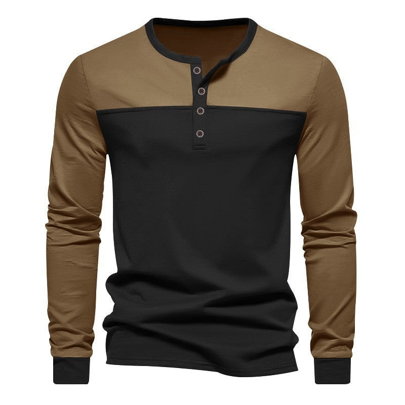 Retro Trendy Long-sleeve Color Matching Henry Collar Bottoming Shirt Casual T-shirt Brown Black - D&A