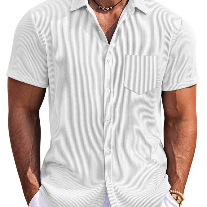 Solid Color Loose Vertical Striped Men's Short-sleeved Shirt White - D&A
