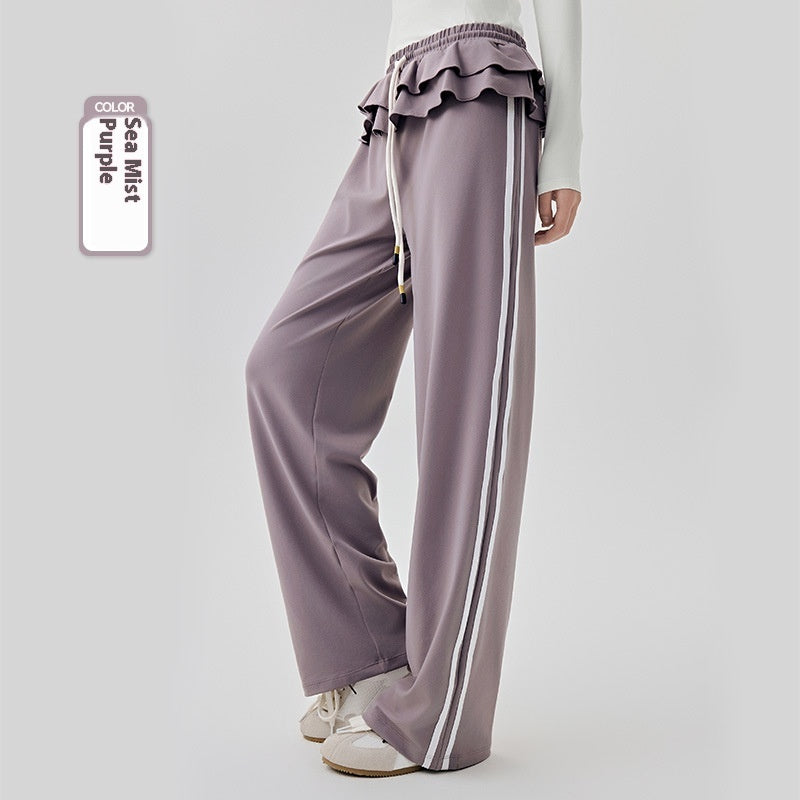 Loose Sports Pants Casual Women's Flounced Design Ballet Style Fashionable Side Stripes Sea Fog Purple - D&A