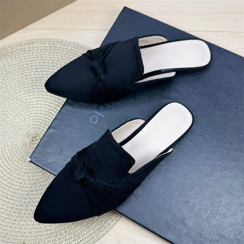 Bow Toe Korean Style Simple Pointed Flat Lazy Half Slippers Black - D&A