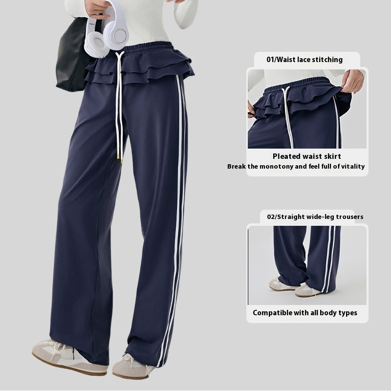 Loose Sports Pants Casual Women's Flounced Design Ballet Style Fashionable Side Stripes - D&A