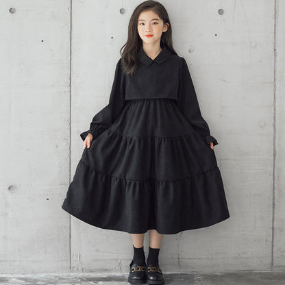 Corduroy Cotton Children's Clothing Trendy Fan Thick Warm Skirt Black - D&A