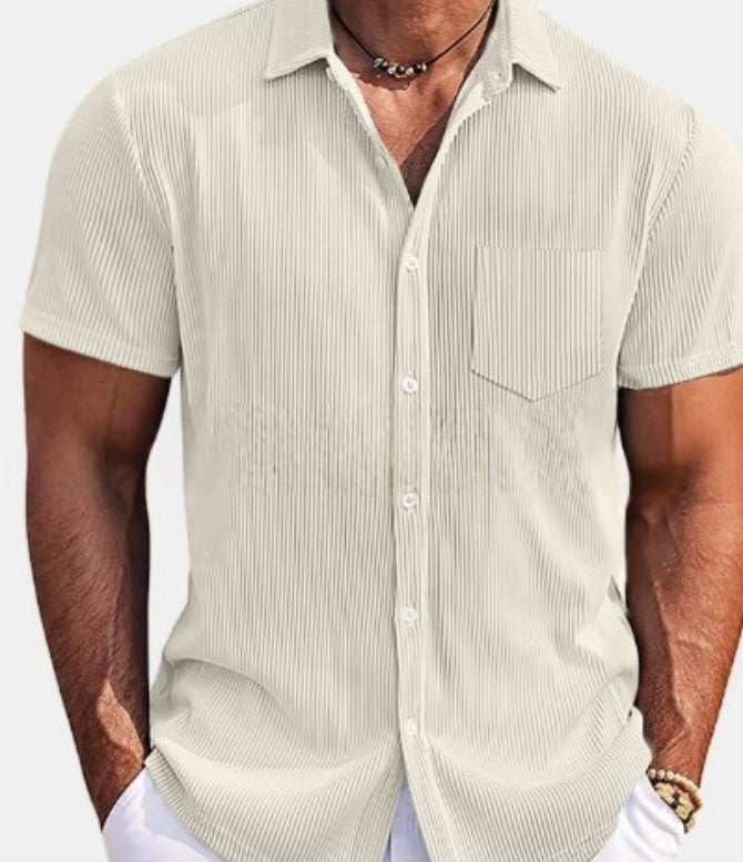Solid Color Loose Vertical Striped Men's Short-sleeved Shirt Apricot - D&A