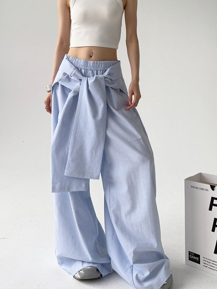 Lace-up Loose Straight Striped Wide-leg Pants Design Sense Blue - D&A