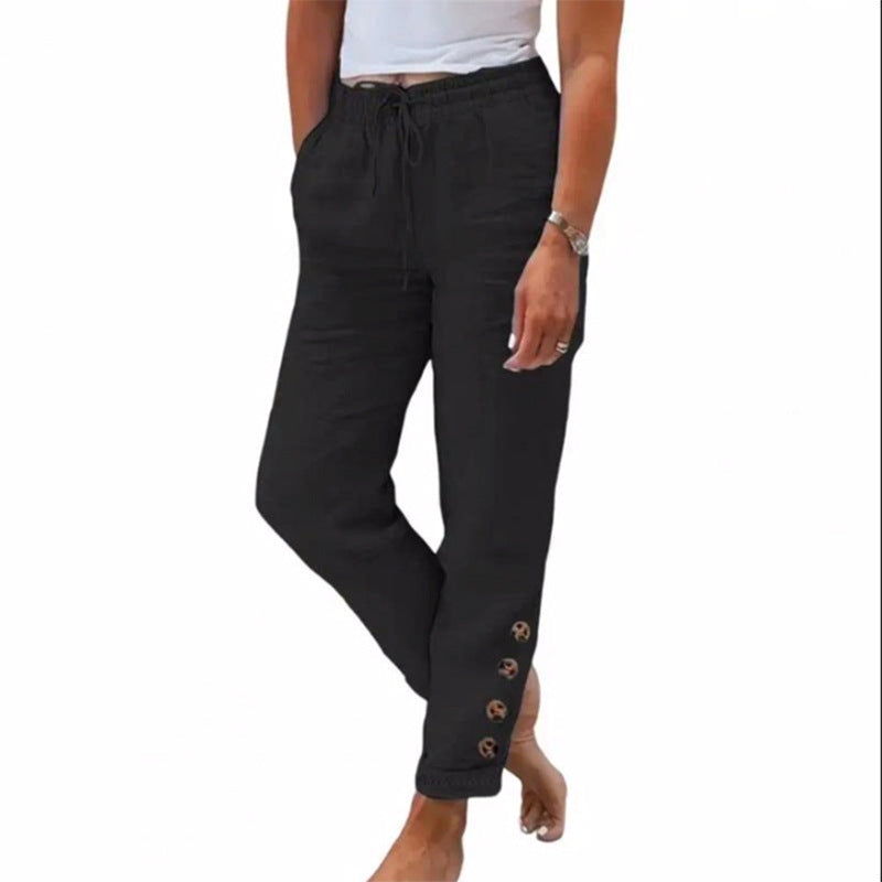 Autumn Solid Color Cotton Linen Straight Casual Button Trousers For Women Black - D&A
