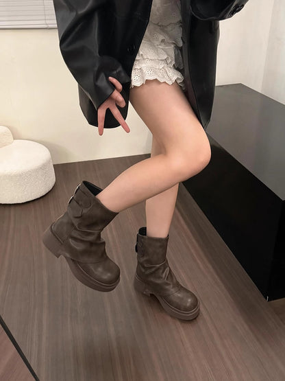 British Street Pleated Sleeve Slugged Bottom Boots Khaki - D&A