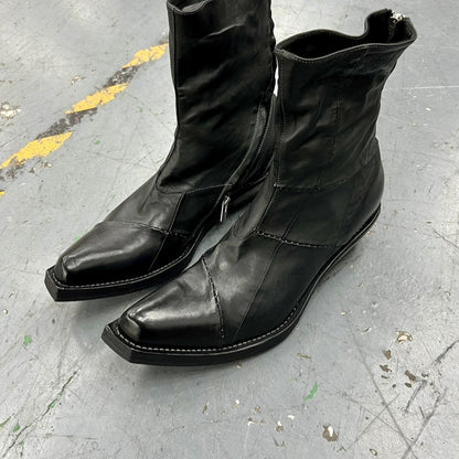 Men's Retro Dark Stitched Patchwork Square Toe Boots Black Leather - D&A