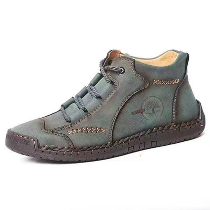 Men's Autumn Sewing High-top Leather Flat Outdoor Work Clothes Casual Shoes 9932 Army Green Bags - D&A