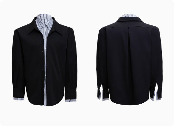 Male Niche Striped Contrasting Patchwork Shirt Top Black long sleeved shirt - D&A