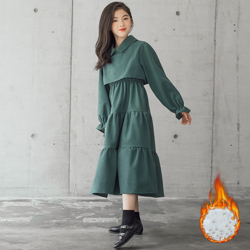 Corduroy Cotton Children's Clothing Trendy Fan Thick Warm Skirt Plus velvet dark green - D&A