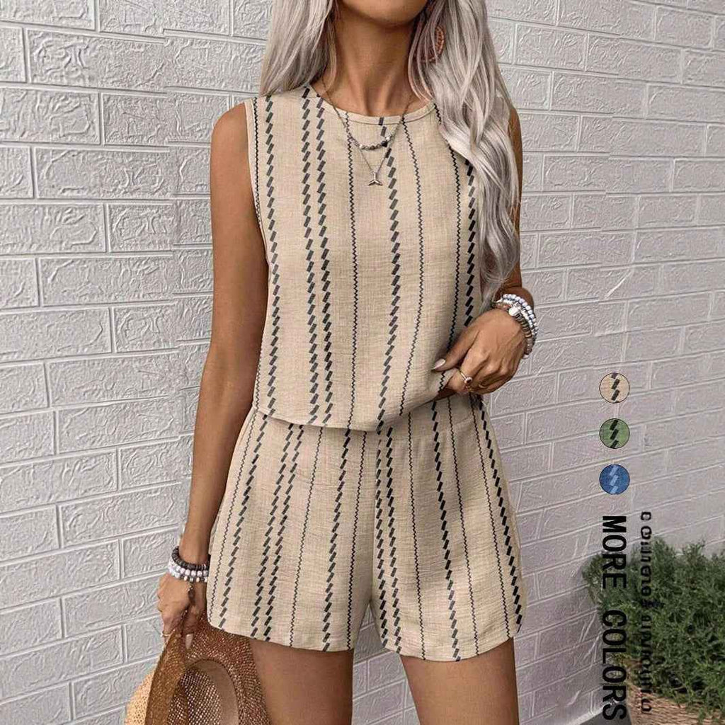 Casual Craft Stripe Printing Sleeveless Tank Top Shorts Suit
