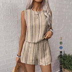 Casual Craft Stripe Printing Sleeveless Tank Top Shorts Suit