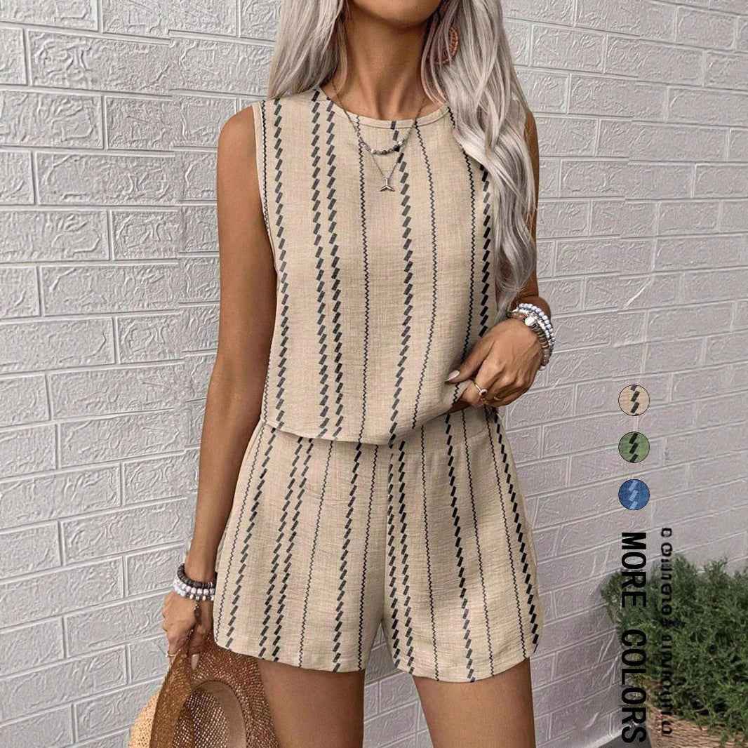 Casual Craft Stripe Printing Sleeveless Tank Top Shorts Suit