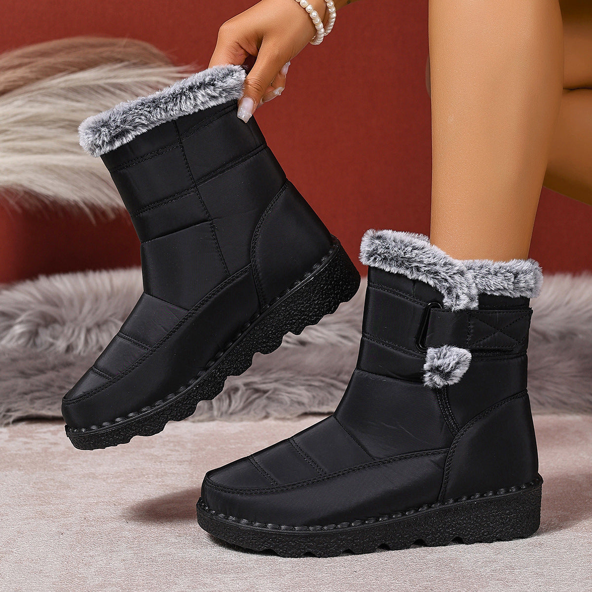 Women's Snow Boots Plus Size Wear-resistant Comfortable Warm Boots Black - D&A