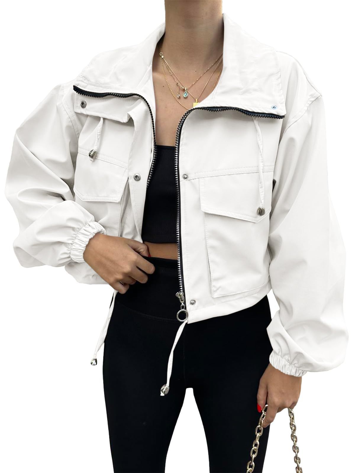 Solid Color Women's Short Jacket Zipper Trench Coat White - D&A