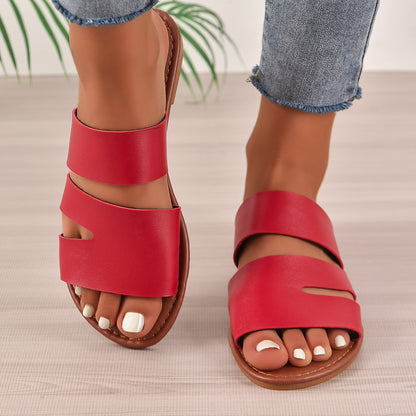 Casual Summer One-line Flat Plus Size Women's Slippers Red - D&A