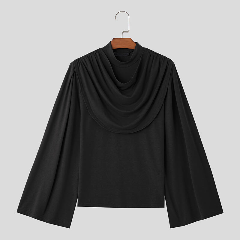Men's High Collar Slim Fit Long Sleeves Swing Collar T-shirt Black - D&A