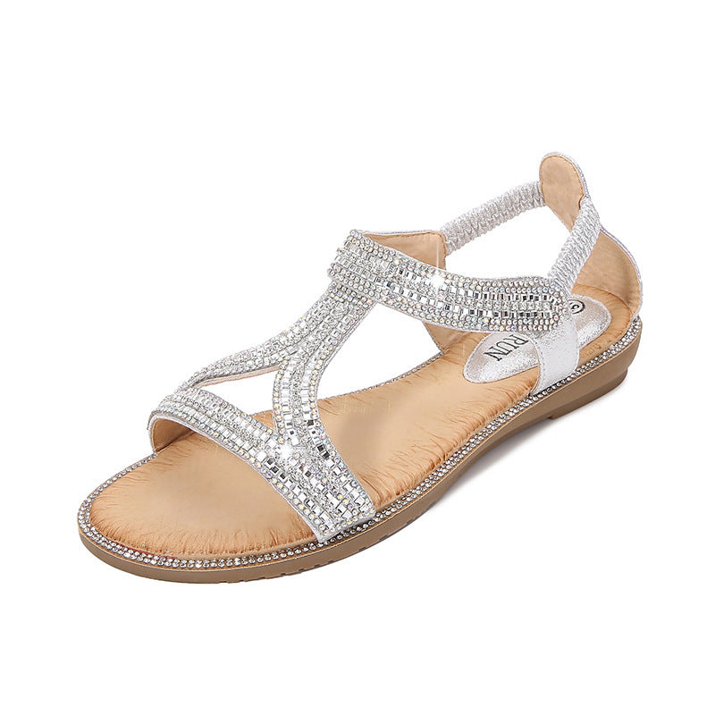 Bohemian Style Women's Shoes Hollow Out Flat Rhinestone Sandals Silver - D&A