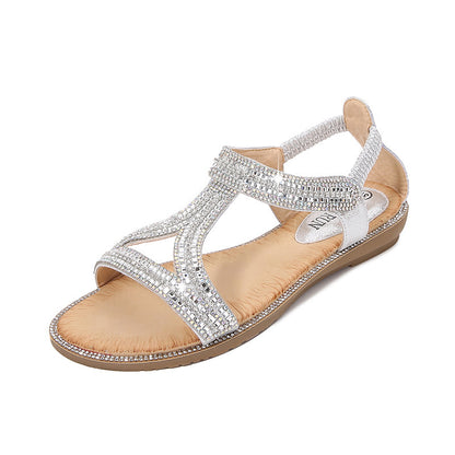 Bohemian Style Women's Shoes Hollow Out Flat Rhinestone Sandals Silver - D&A