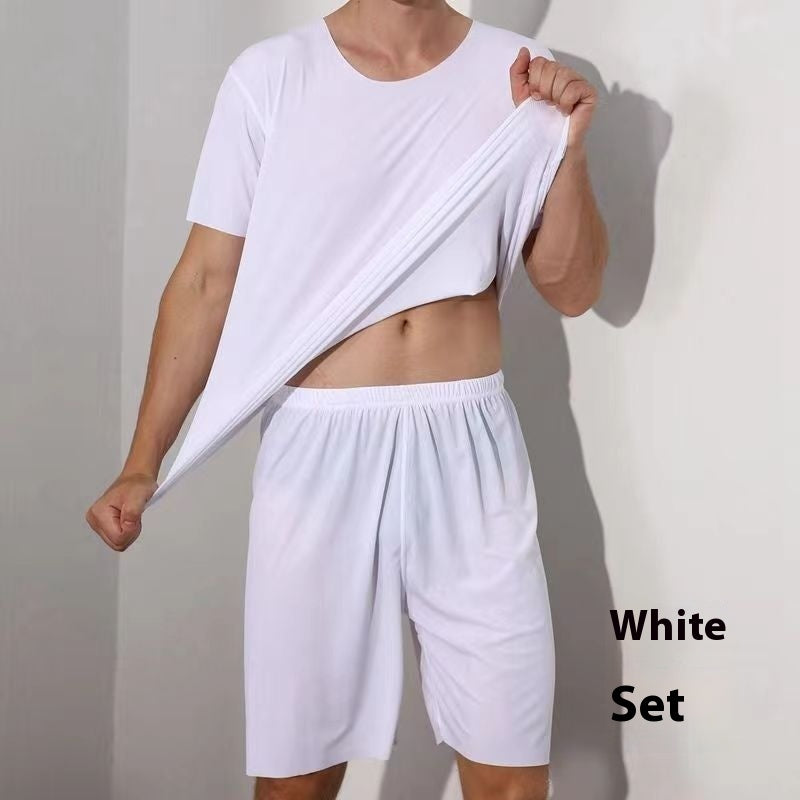 Advanced Ice Silk Round Neck Solid Color Short Sleeve Shorts Suit N88 White Suit - D&A