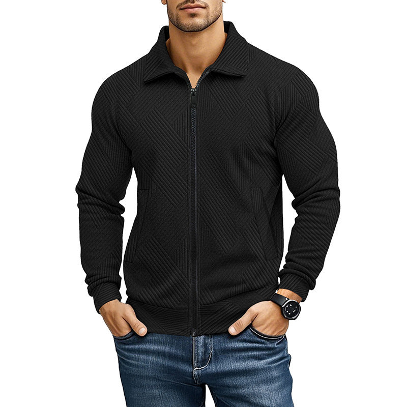 Men's Casual Jacket Solid Color Waffle Turn-down Collar Coat Black - D&A