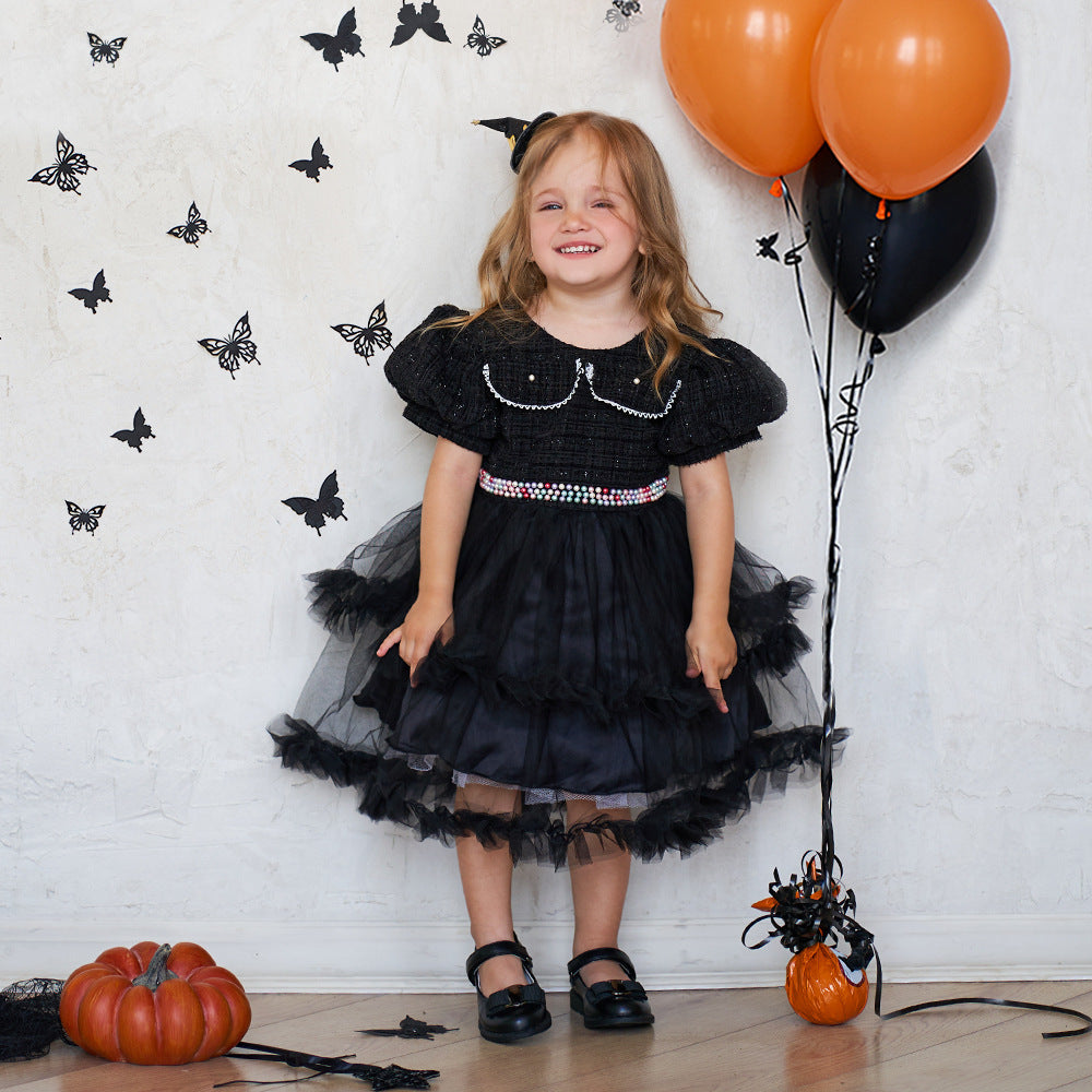 Girls' Fashion Halloween Mesh Stitching Puff Sleeve Dress - D&A