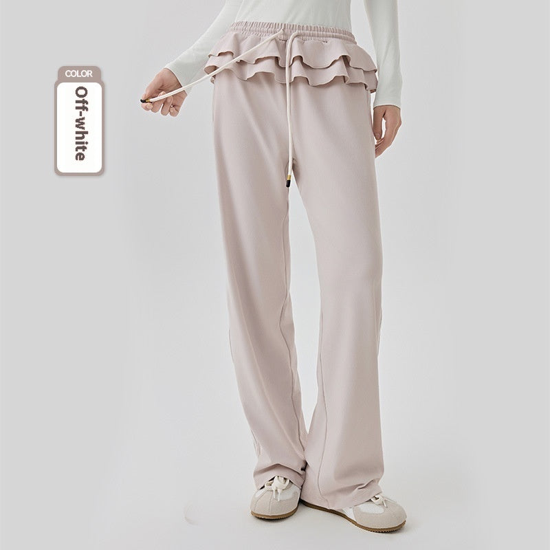 Loose Sports Pants Casual Women's Flounced Design Ballet Style Fashionable Side Stripes Gray White - D&A
