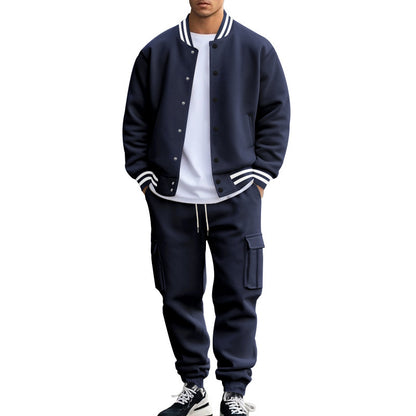 Stand Collar Baseball Uniform Trousers Fleece-lined Casual Coat Sports Suit Navy Blue - D&A
