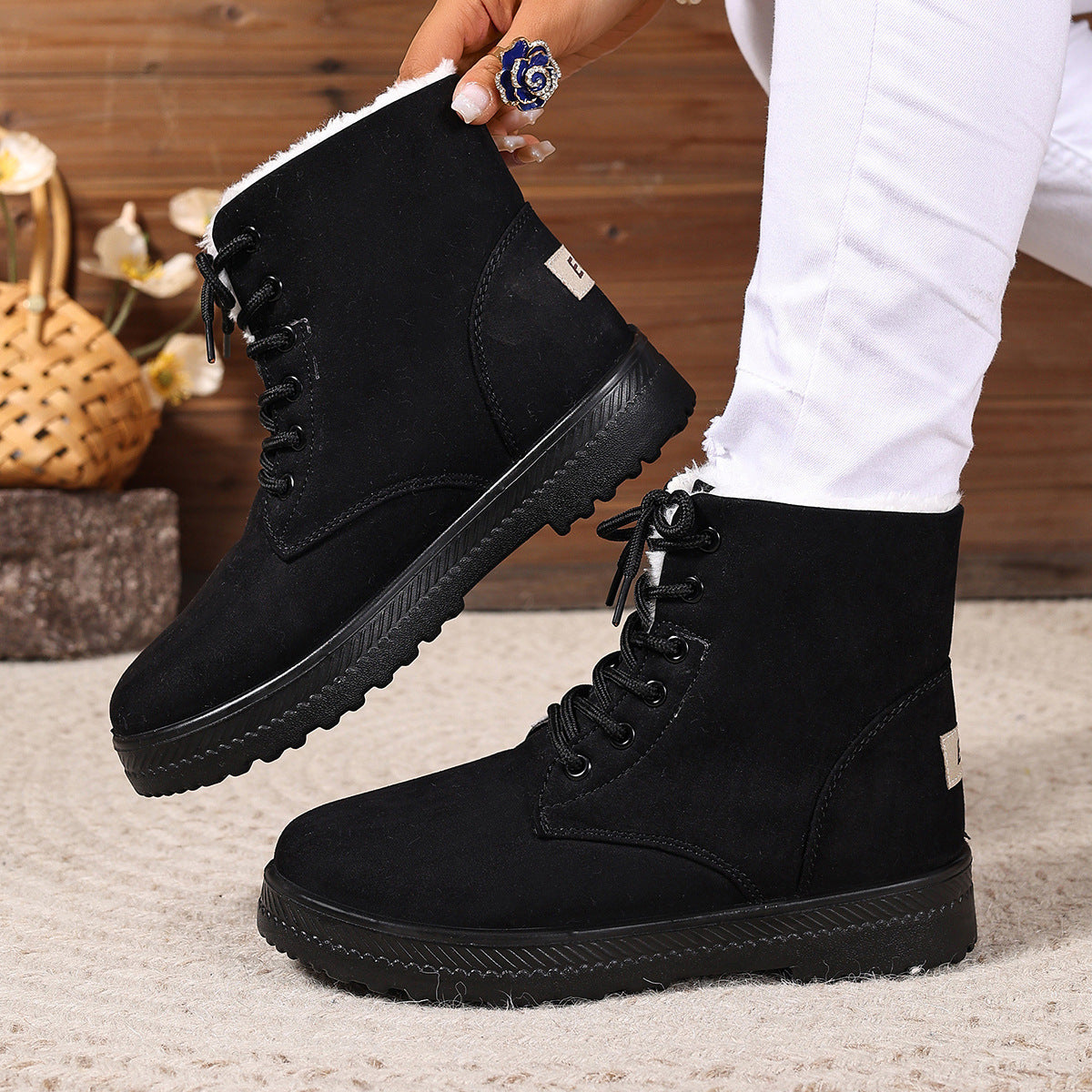 Women's Fashionable Waterproof High-top Cotton-padded Snow Boots Black - D&A