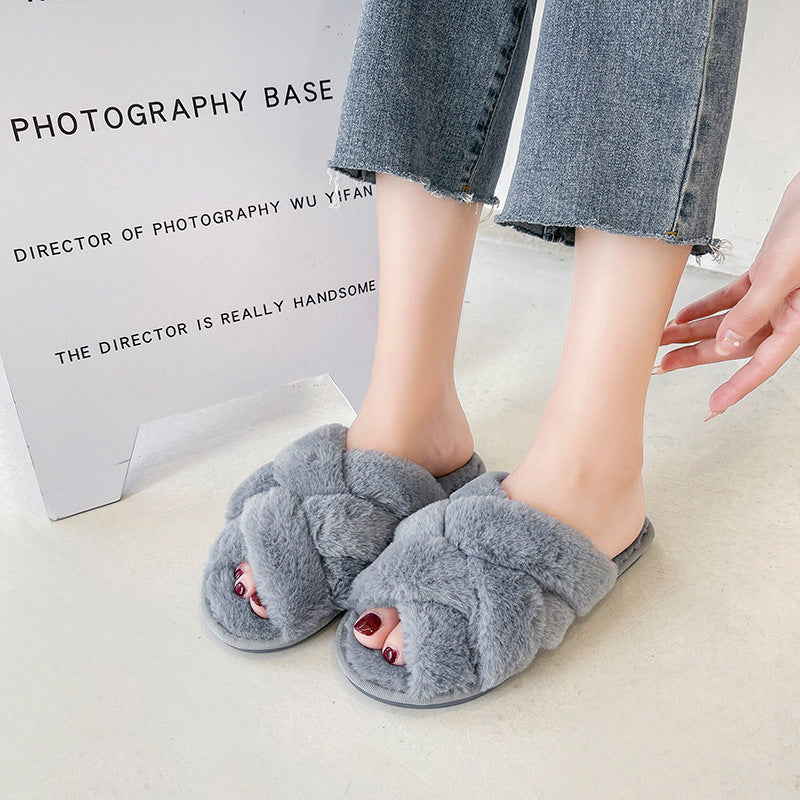 Open Toe Fluffy Slippers Women's Artificial Fur Couple Plush - D&A