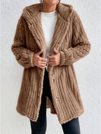 Button Front Hooded Teddy Coat - D&A
