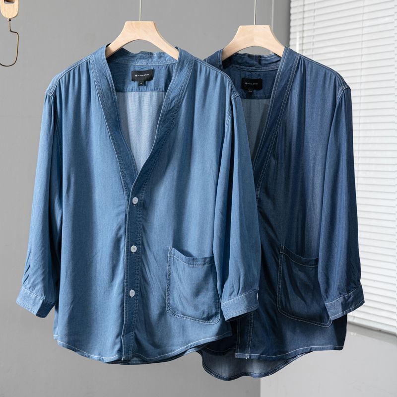 Men Three-quarter Sleeve Trendy Loose V-neck Casual Denim Coat - D&A
