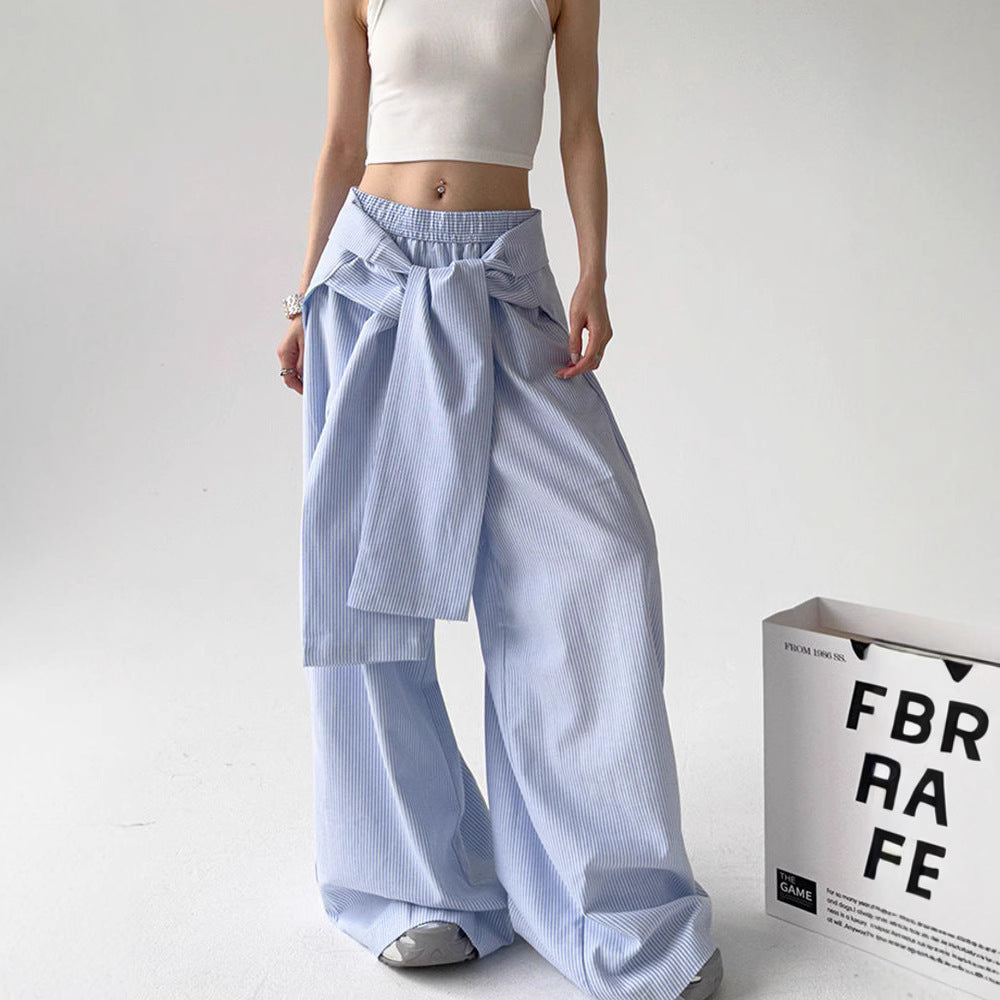 Lace-up Loose Straight Striped Wide-leg Pants Design Sense - D&A