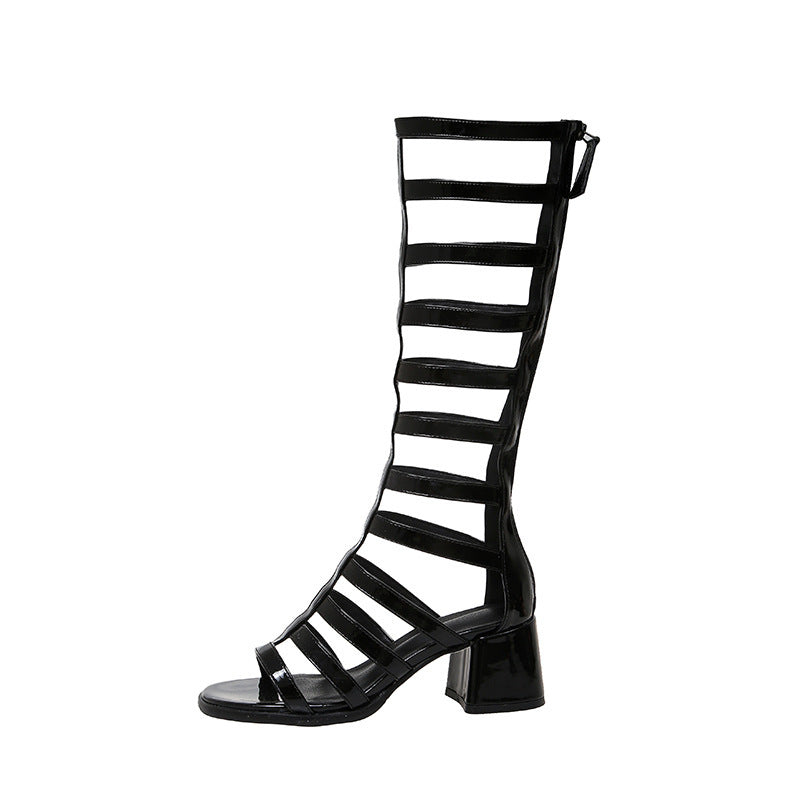 High Hollow-out Round Toe Sandal Boots Chunky Heel High Leg-length Roman Women's Boots Black - D&A