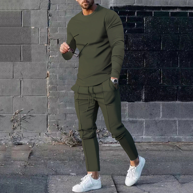 Spring Round Neck Long Sleeve T-shirt Trousers Solid Color Men's Two-piece Suit Army Green - D&A