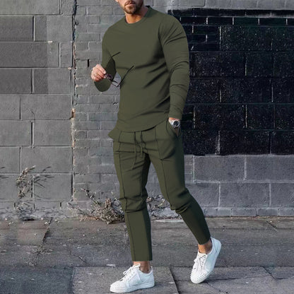 Spring Round Neck Long Sleeve T-shirt Trousers Solid Color Men's Two-piece Suit Army Green - D&A