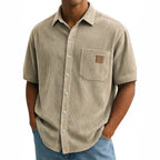 Versatile Leisure Corduroy Leather Sticker Pocket Short Sleeve Shirt - D&A