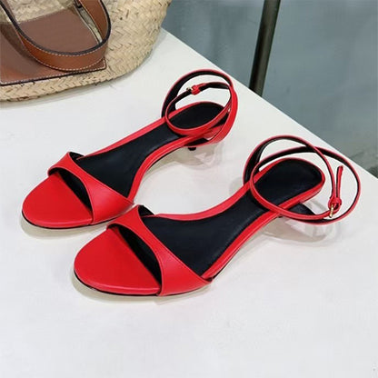 Women's Leather French-style Retro Open Toe Sandals With Kitten Heel Red - D&A