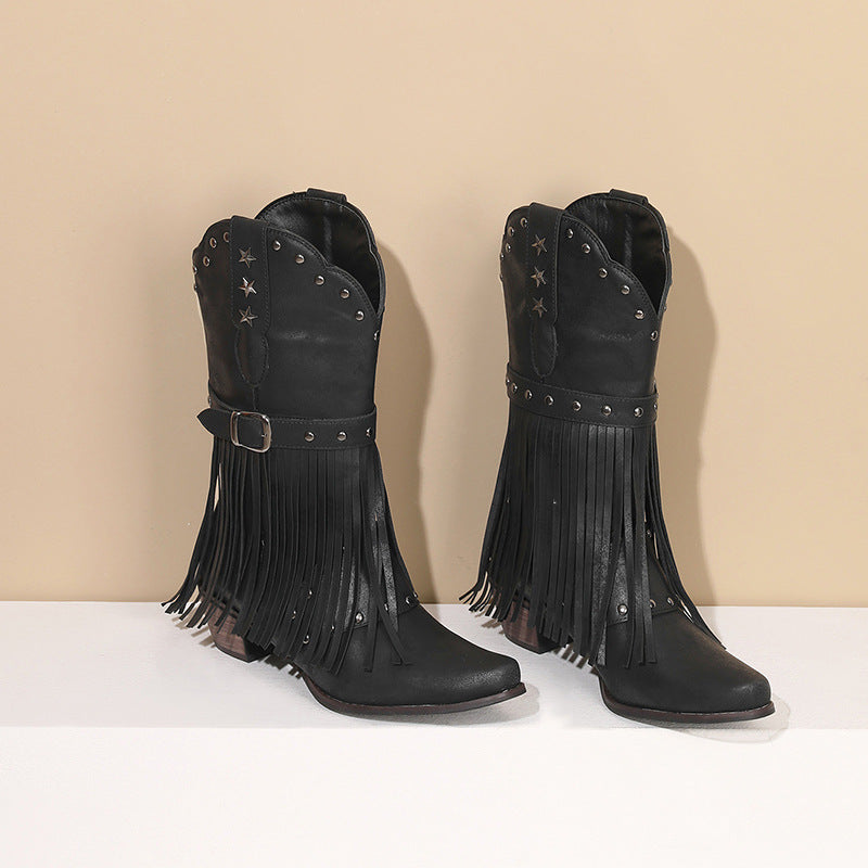 Autumn And Winter Tassel Women's Western Rivet Belt Buckle Tassel Middle Boots - D&A
