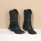 Autumn And Winter Tassel Women's Western Rivet Belt Buckle Tassel Middle Boots - D&A