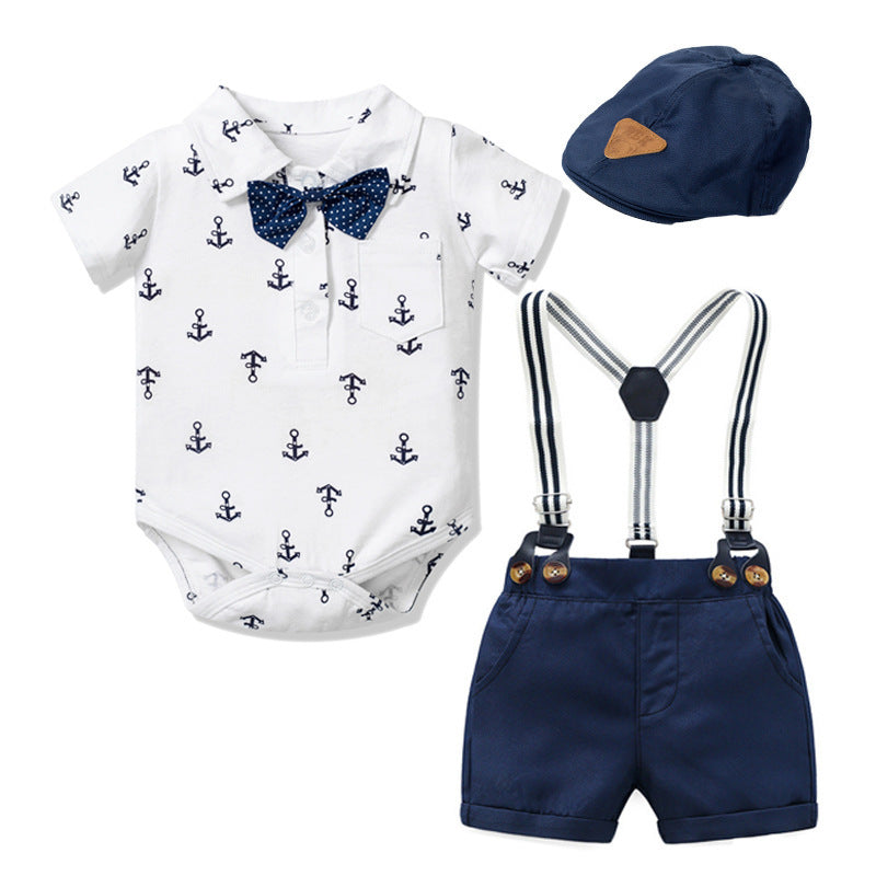 Baby Boy Gentleman Clothes Printed Triangle Romper Blue - D&A