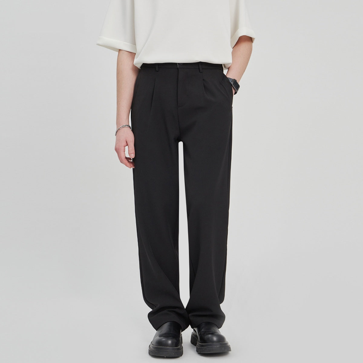 Anti-Wrinkle Woven Casual Loose Straight Drooping Suit Pants Black - D&A