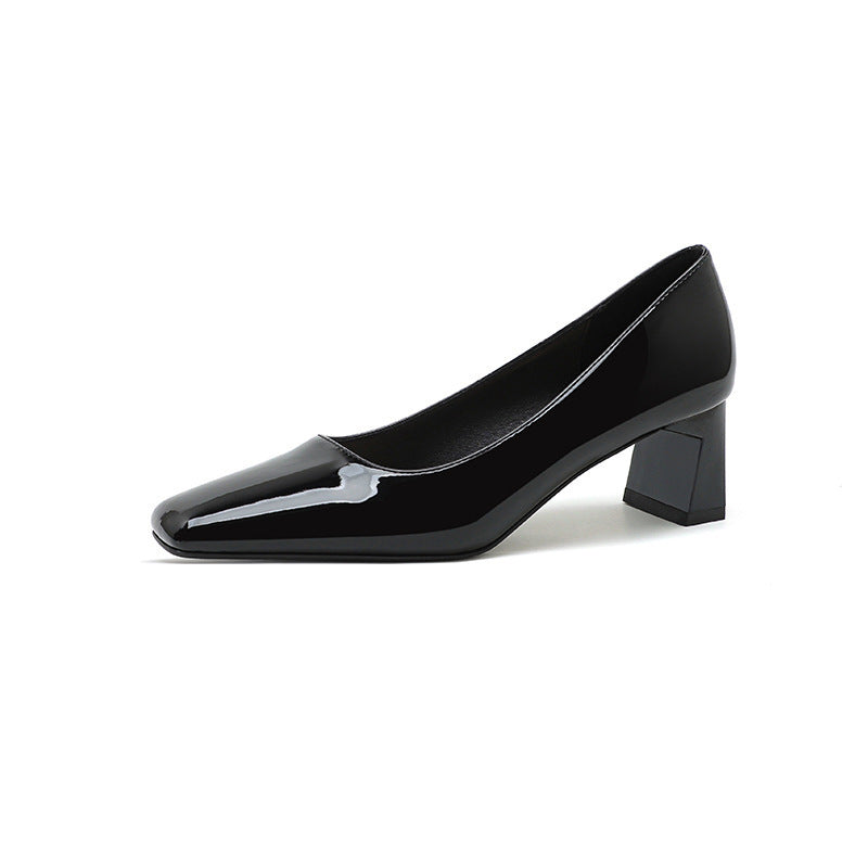 Classic Style High Heel Patent Leather Square Toe Light Luxury French Shoes Black - D&A