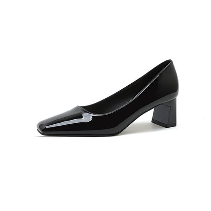 Classic Style High Heel Patent Leather Square Toe Light Luxury French Shoes Black - D&A