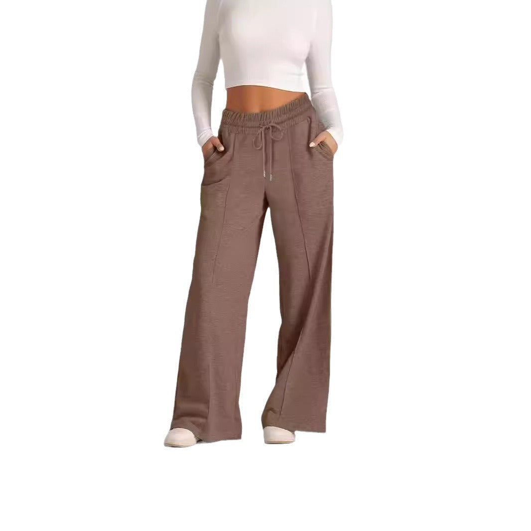 Women's Lace-up Solid Color Waist Tight Fashion Wide-leg Casual Pants - D&A