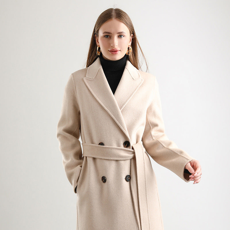 Women's Mid-length Woolen Wool Overcoat Coat Beige - D&A